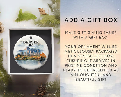 Custom Denver ceramic photo ornament with personalized message – handmade Christmas bauble, gift souvenir, or vacation keepsake.  Add gift box