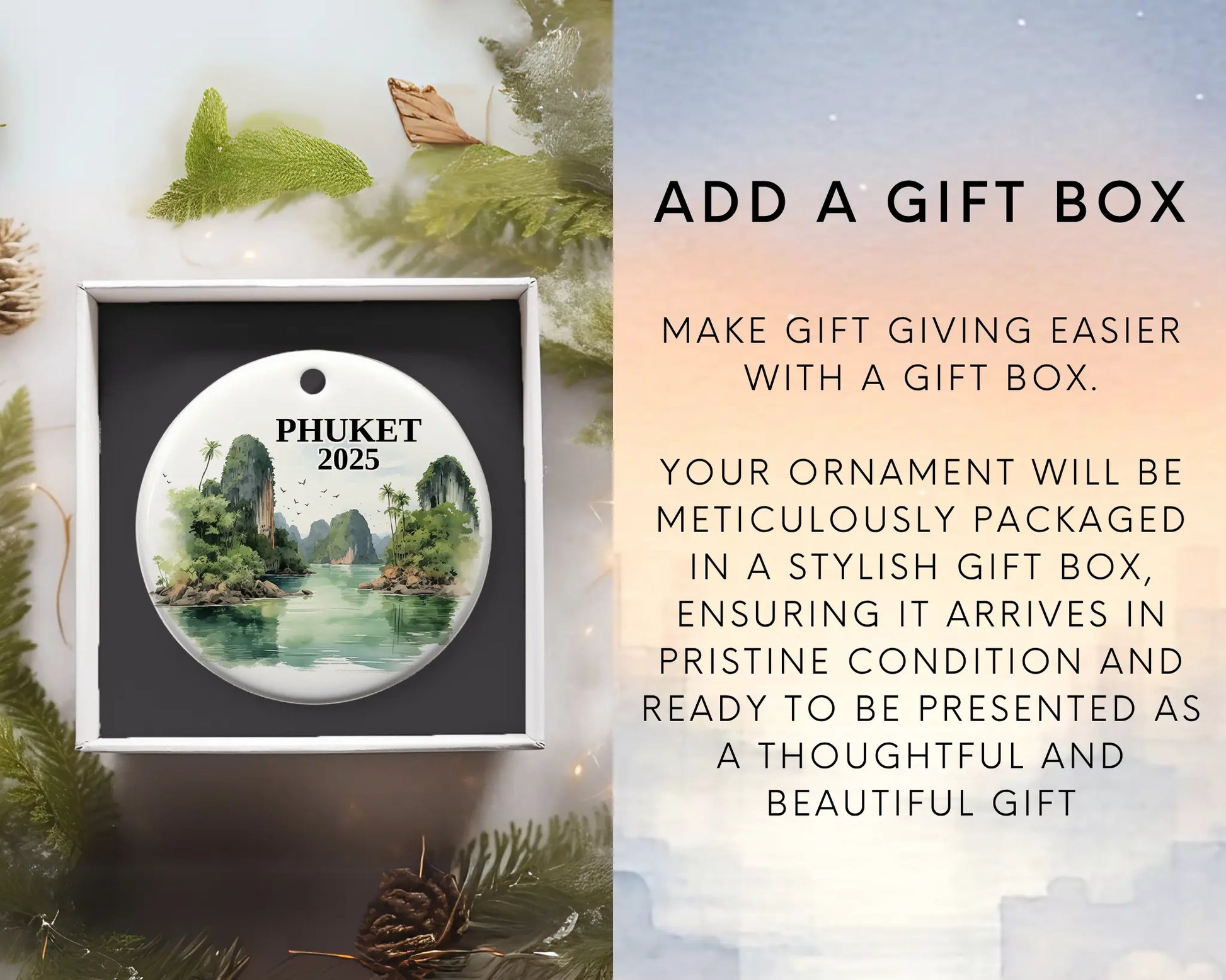 Custom Phuket Thailand ceramic photo ornament with personalized message – handmade Christmas bauble, gift souvenir, or vacation keepsake. Add gift box