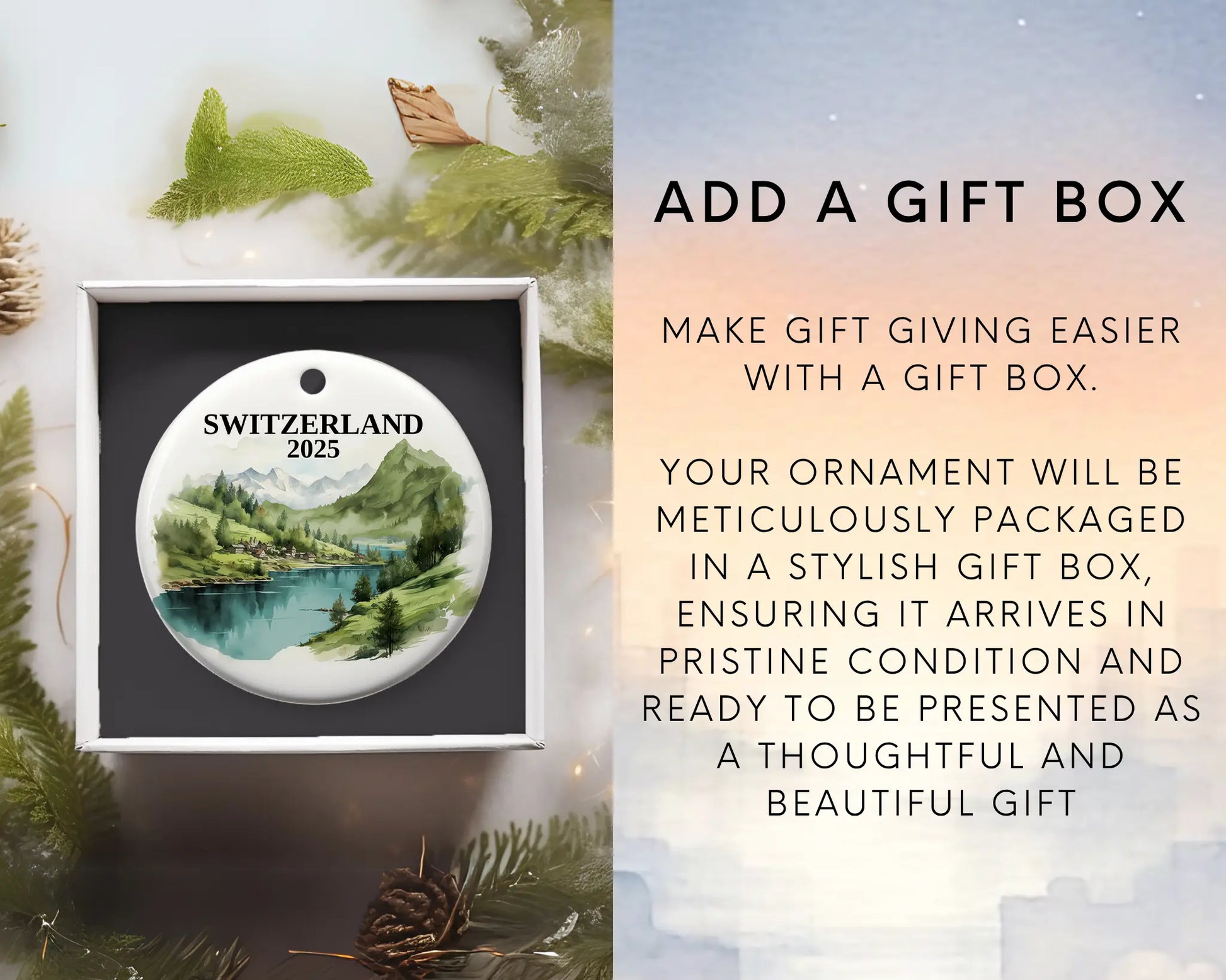 Custom Switzerland ceramic photo ornament with personalized message – handmade Christmas bauble, gift souvenir, or vacation keepsake. Add gift box