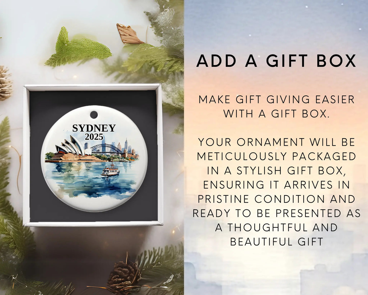 Custom Sydney Australia ceramic photo ornament with personalized message – handmade Christmas bauble, gift souvenir, or vacation keepsake. Add gift box