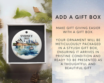 Custom Sydney Australia ceramic photo ornament with personalized message – handmade Christmas bauble, gift souvenir, or vacation keepsake. Add gift box