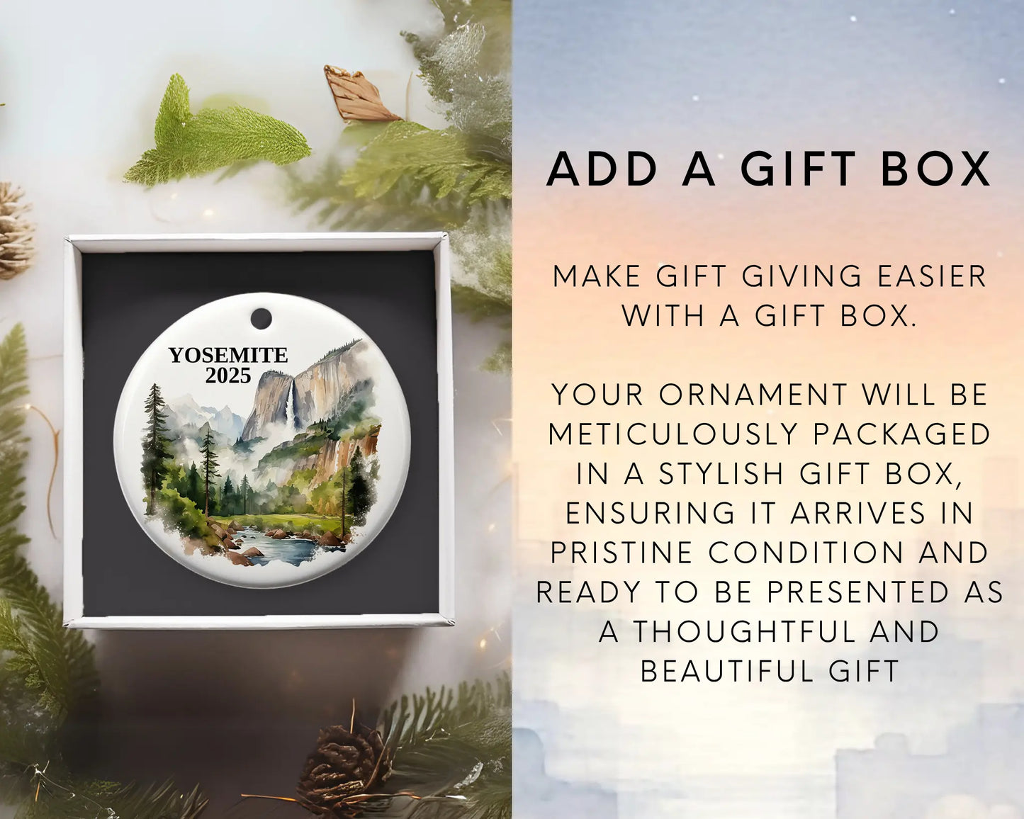 Custom Yosemite National Park ceramic photo ornament with personalized message – handmade Christmas bauble, gift souvenir, or vacation keepsake. Add gift box