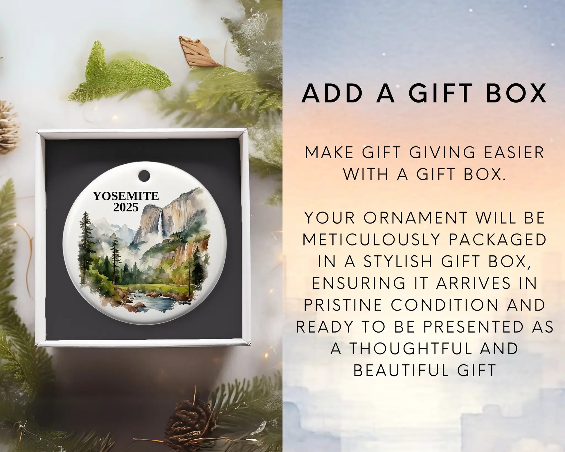 Custom Yosemite National Park ceramic photo ornament with personalized message – handmade Christmas bauble, gift souvenir, or vacation keepsake. Add gift box
