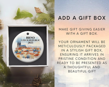 Custom Brno, Czech Republic ceramic photo ornament with personalized message – handmade Christmas bauble, gift souvenir, or vacation keepsake. Add gift box