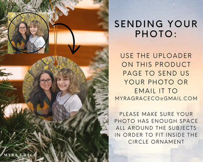 The image is a collage of two photos of two women, one of which is a photo of the other woman. The collage is set against a background of a Christmas tree with snow on it.