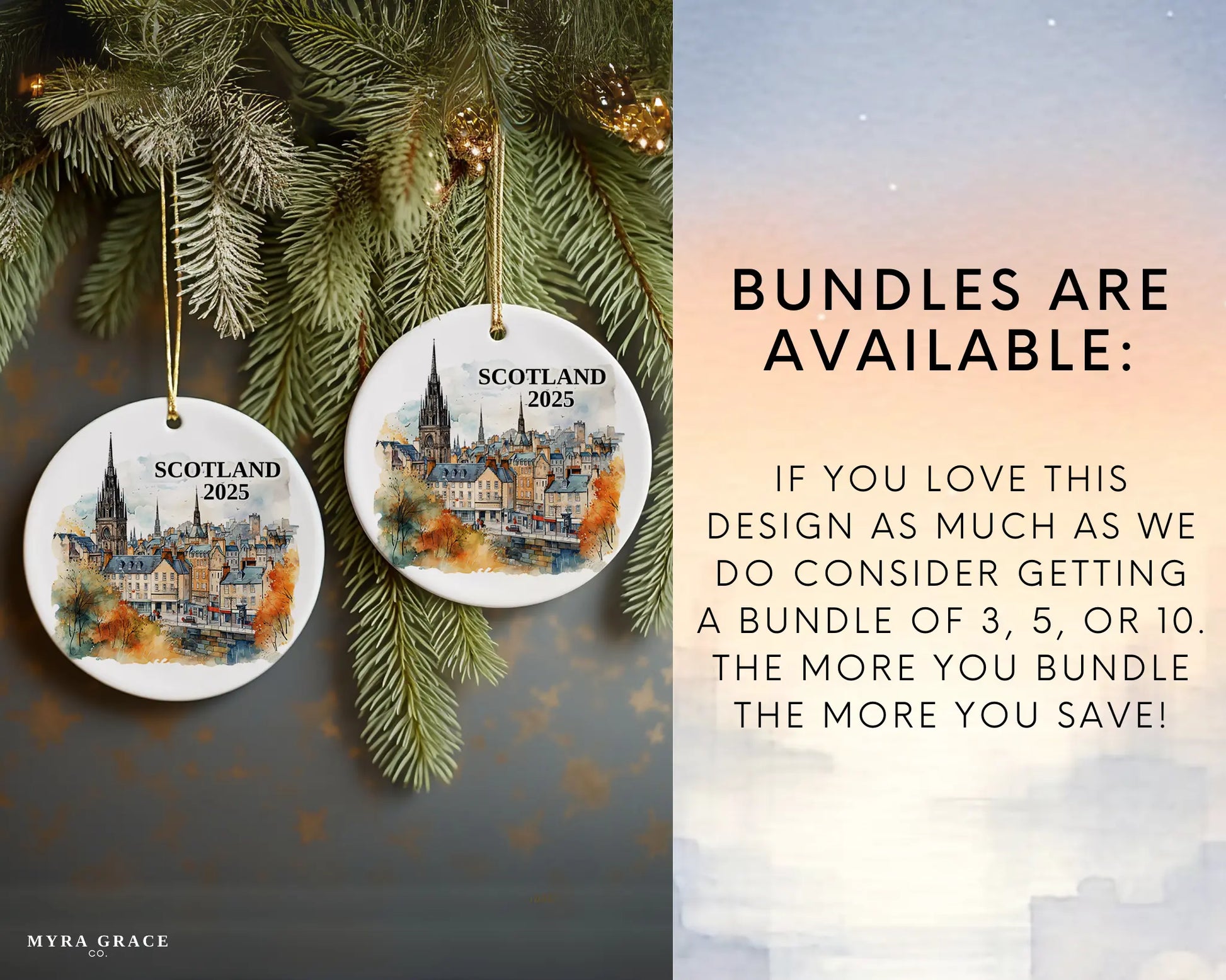 Custom Scotland Edinburgh ceramic photo ornament with personalized message – handmade Christmas bauble, gift souvenir, or vacation keepsake. Bundles are available