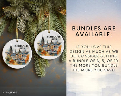 Custom Scotland Edinburgh ceramic photo ornament with personalized message – handmade Christmas bauble, gift souvenir, or vacation keepsake. Bundles are available