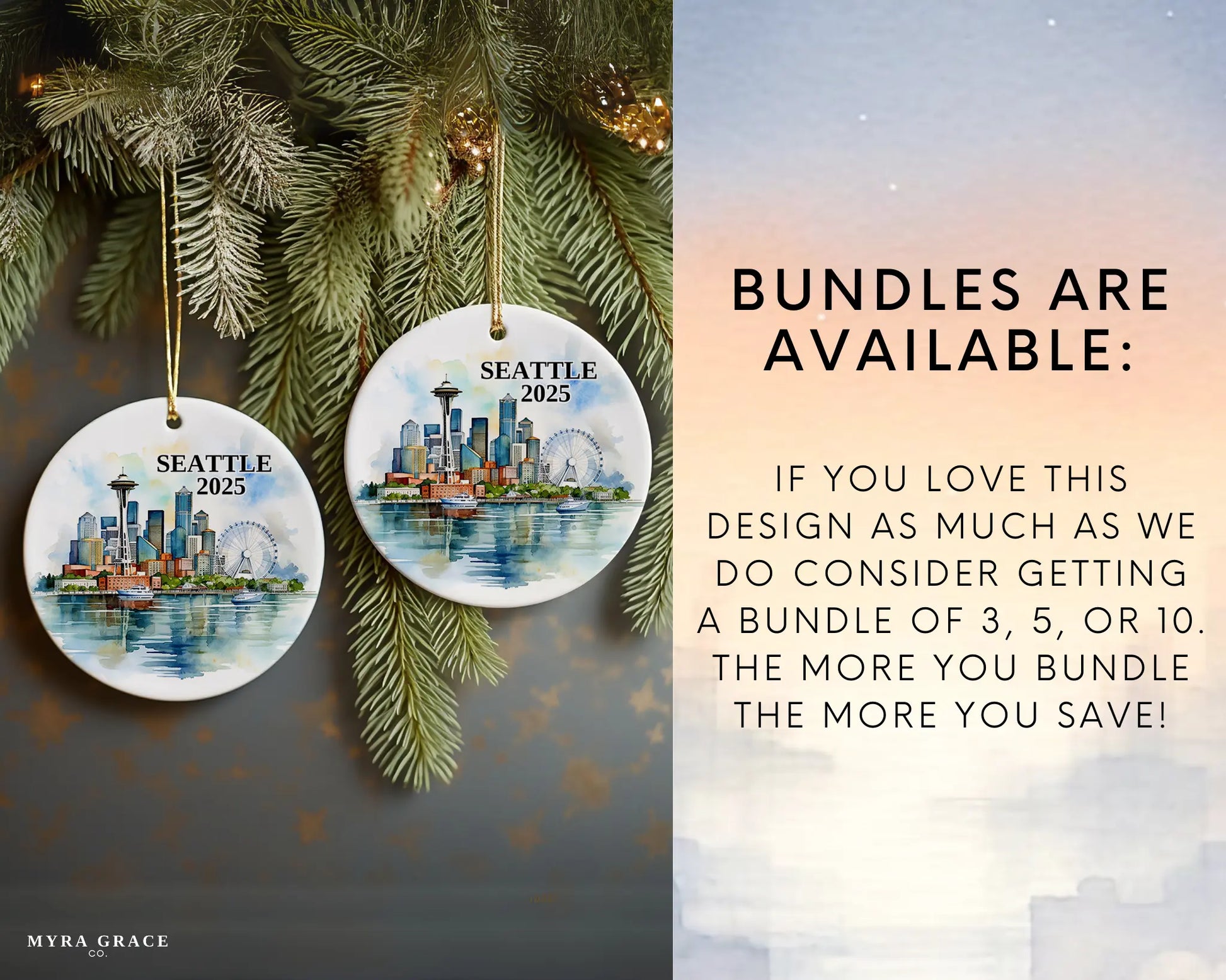 Custom Seattle ceramic photo ornament with personalized message – handmade Christmas bauble, gift souvenir, or vacation keepsake. Bundles are available