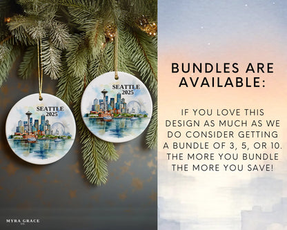 Custom Seattle ceramic photo ornament with personalized message – handmade Christmas bauble, gift souvenir, or vacation keepsake. Bundles are available