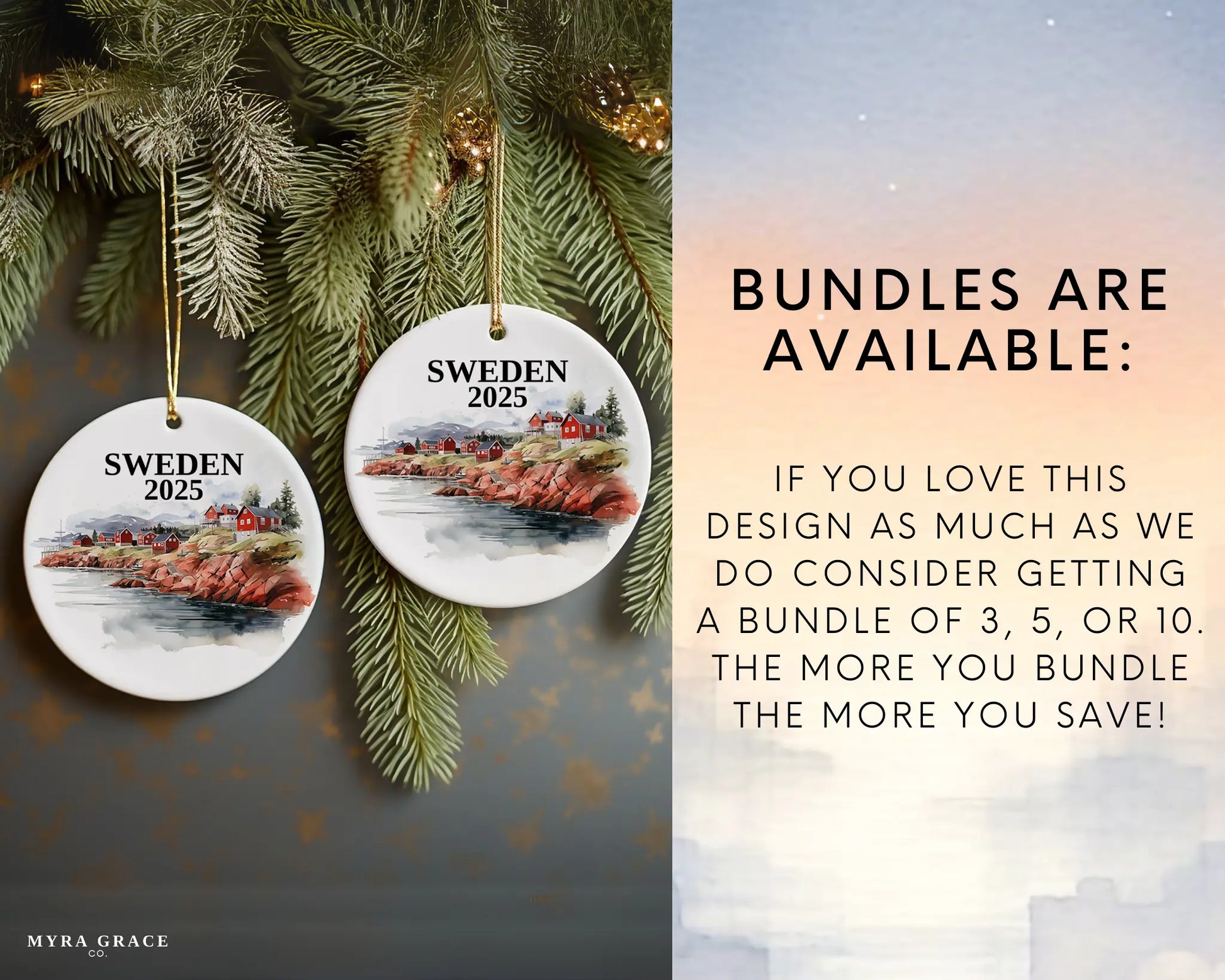 Custom Sweden ceramic photo ornament with personalized message – handmade Christmas bauble, gift souvenir, or vacation keepsake. 
