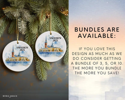 Custom Sweden ceramic photo ornament with personalized message – handmade Christmas bauble, gift souvenir, or vacation keepsake. Bundles are available