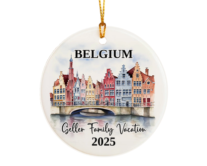 Custom vacation Belgium ceramic photo ornament with personalized message – handmade Christmas bauble, gift souvenir, or vacation keepsake. 