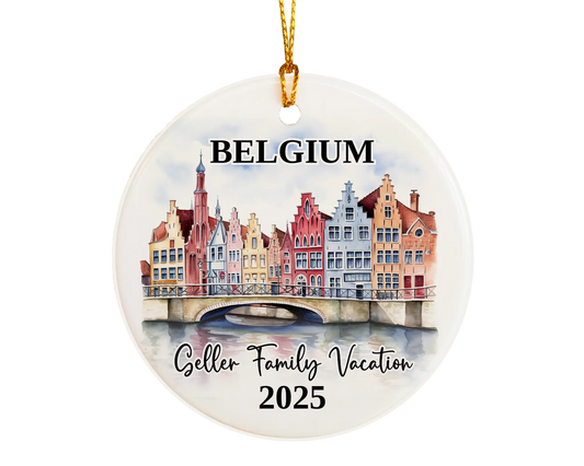 Custom vacation Belgium ceramic photo ornament with personalized message – handmade Christmas bauble, gift souvenir, or vacation keepsake. 