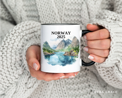 Custom ceramic Norway vacation mug with watercolor location design, date, and personal photo – personalized travel gift or photo mug. 