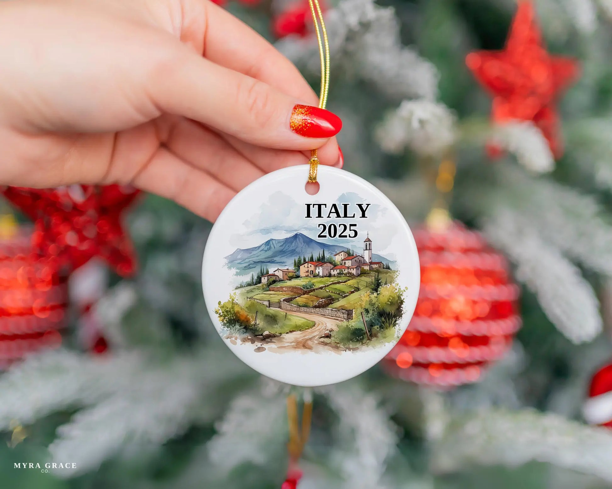 Custom Italy ceramic photo ornament with personalized message – handmade Christmas bauble, gift souvenir, or vacation keepsake.  