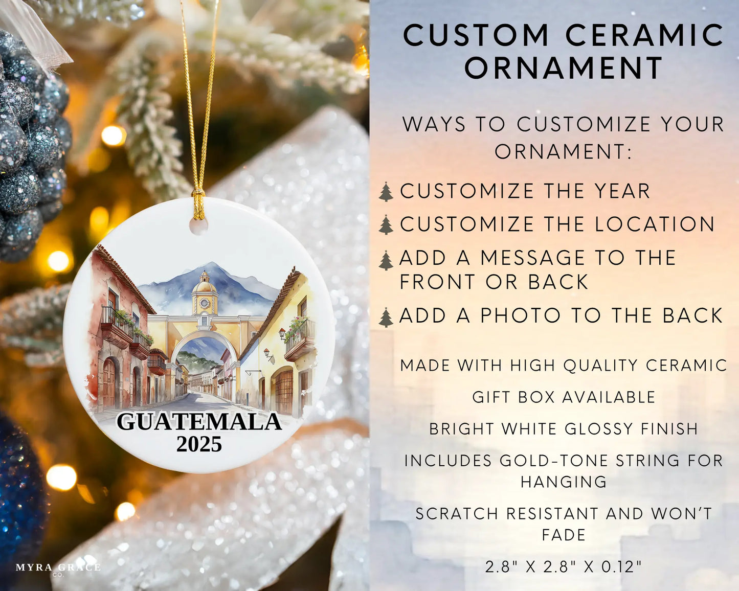 Custom Guatemala Antigua ceramic photo ornament with personalized message – handmade Christmas bauble, gift souvenir, or vacation keepsake. Infographic