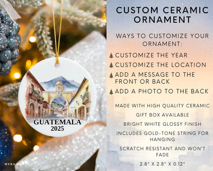 Custom Guatemala Antigua ceramic photo ornament with personalized message – handmade Christmas bauble, gift souvenir, or vacation keepsake. Infographic