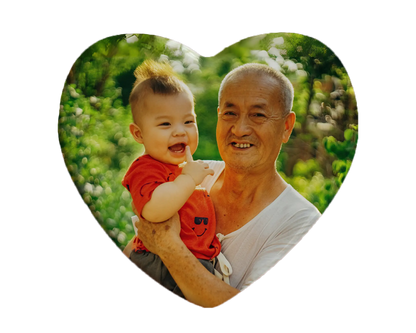 Heart-shaped custom grandpa ceramic photo magnet on fridge – handmade personalized gift or Christmas fridge magnet. 