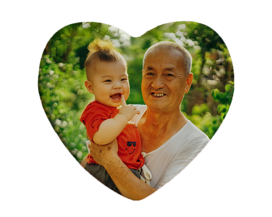 Heart-shaped custom grandpa ceramic photo magnet on fridge – handmade personalized gift or Christmas fridge magnet. 