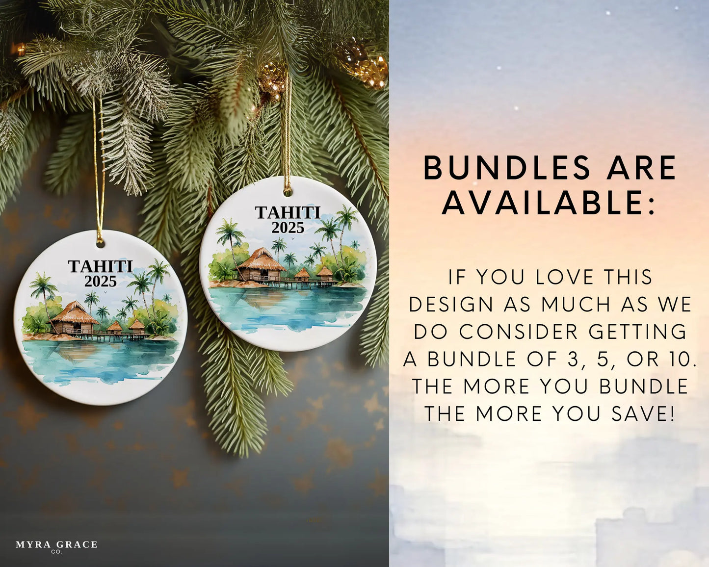 Custom Tahiti ceramic photo ornament with personalized message – handmade Christmas bauble, gift souvenir, or vacation keepsake. Bundles are available