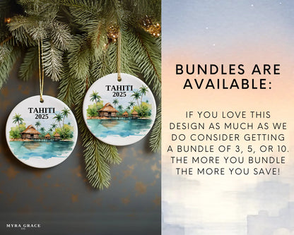 Custom Tahiti ceramic photo ornament with personalized message – handmade Christmas bauble, gift souvenir, or vacation keepsake. Bundles are available