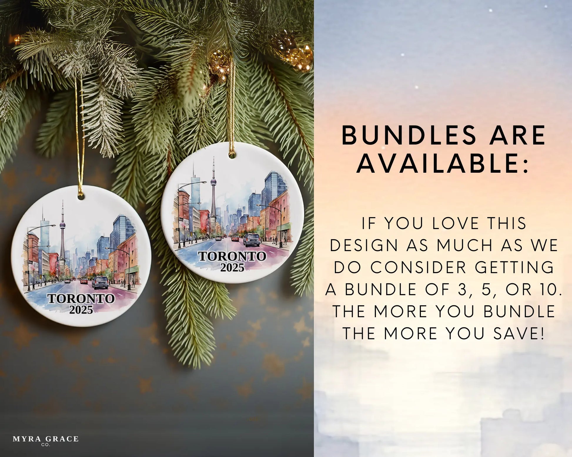 Custom Toronto Canada ceramic photo ornament with personalized message – handmade Christmas bauble, gift souvenir, or vacation keepsake. Bundles are available