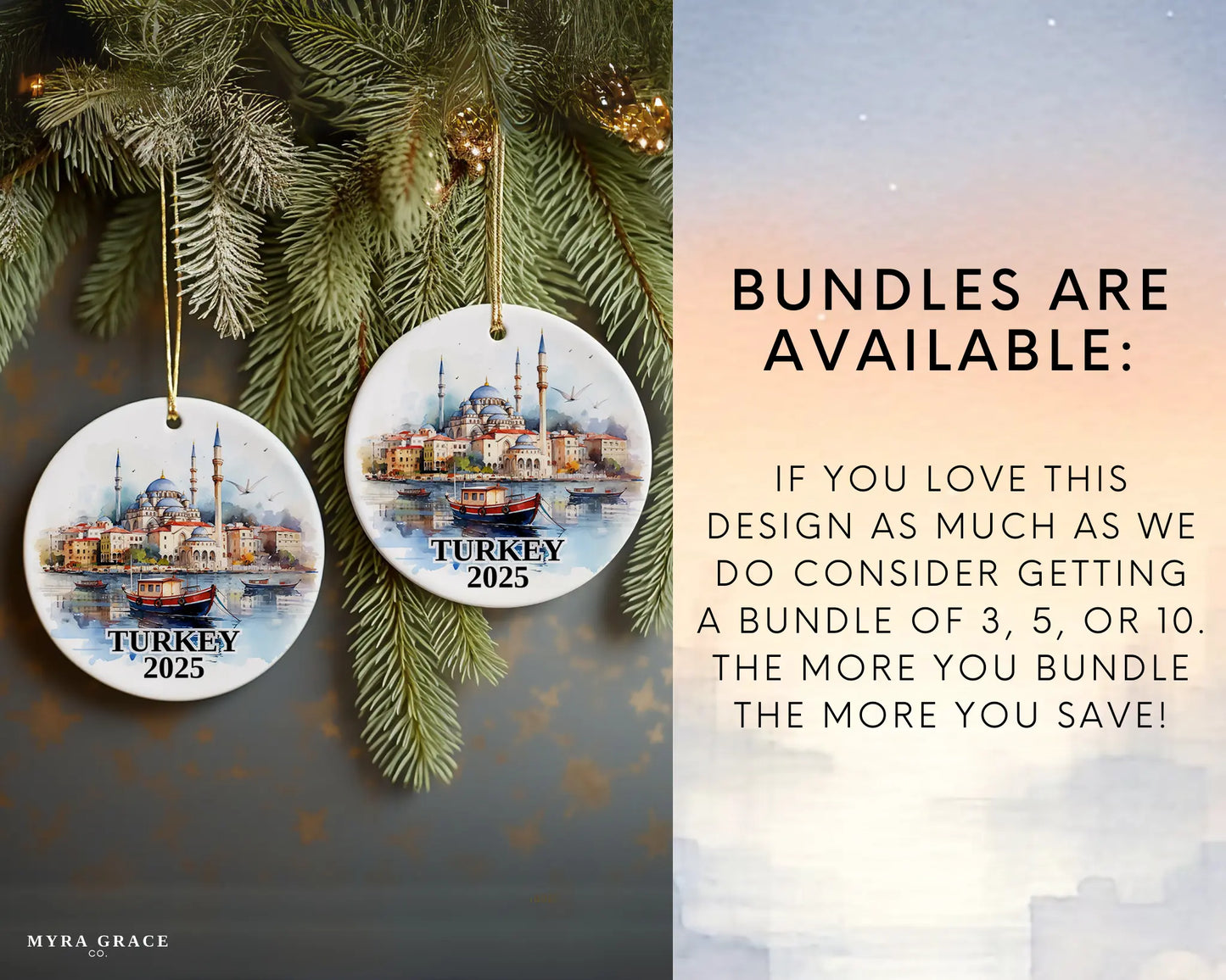 Custom Turkey ceramic photo ornament with personalized message – handmade Christmas bauble, gift souvenir, or vacation keepsake. Bundles are available