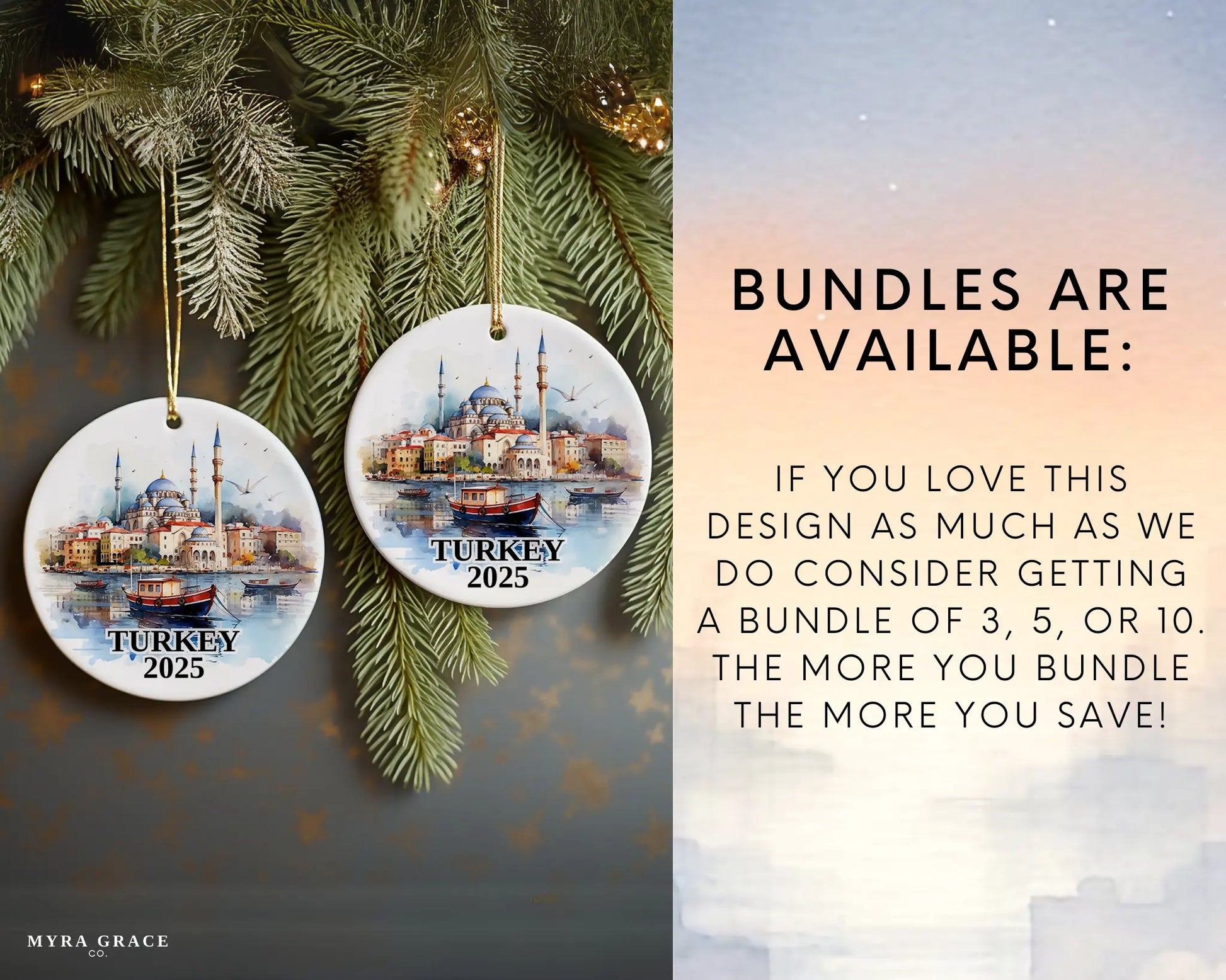 Custom Turkey ceramic photo ornament with personalized message – handmade Christmas bauble, gift souvenir, or vacation keepsake. Bundles are available