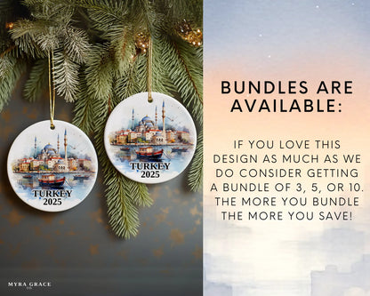 Custom Turkey ceramic photo ornament with personalized message – handmade Christmas bauble, gift souvenir, or vacation keepsake. Bundles are available
