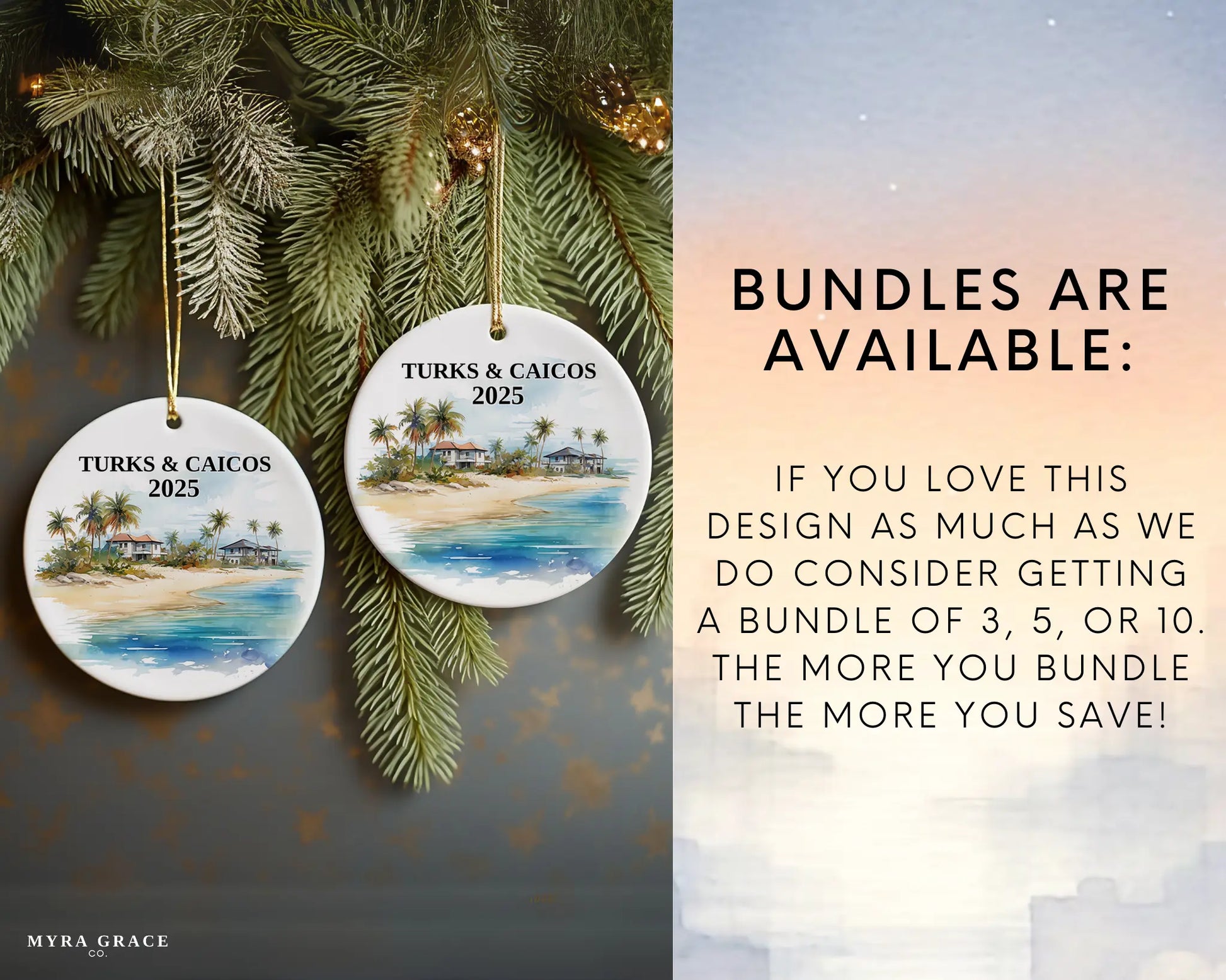 Custom Turks and Caicos ceramic photo ornament with personalized message – handmade Christmas bauble, gift souvenir, or vacation keepsake. Bundles are available