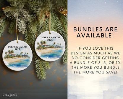 Custom Turks and Caicos ceramic photo ornament with personalized message – handmade Christmas bauble, gift souvenir, or vacation keepsake. Bundles are available
