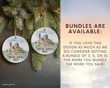 Custom Tuscany Italy ceramic photo ornament with personalized message – handmade Christmas bauble, gift souvenir, or vacation keepsake. Bundles are available