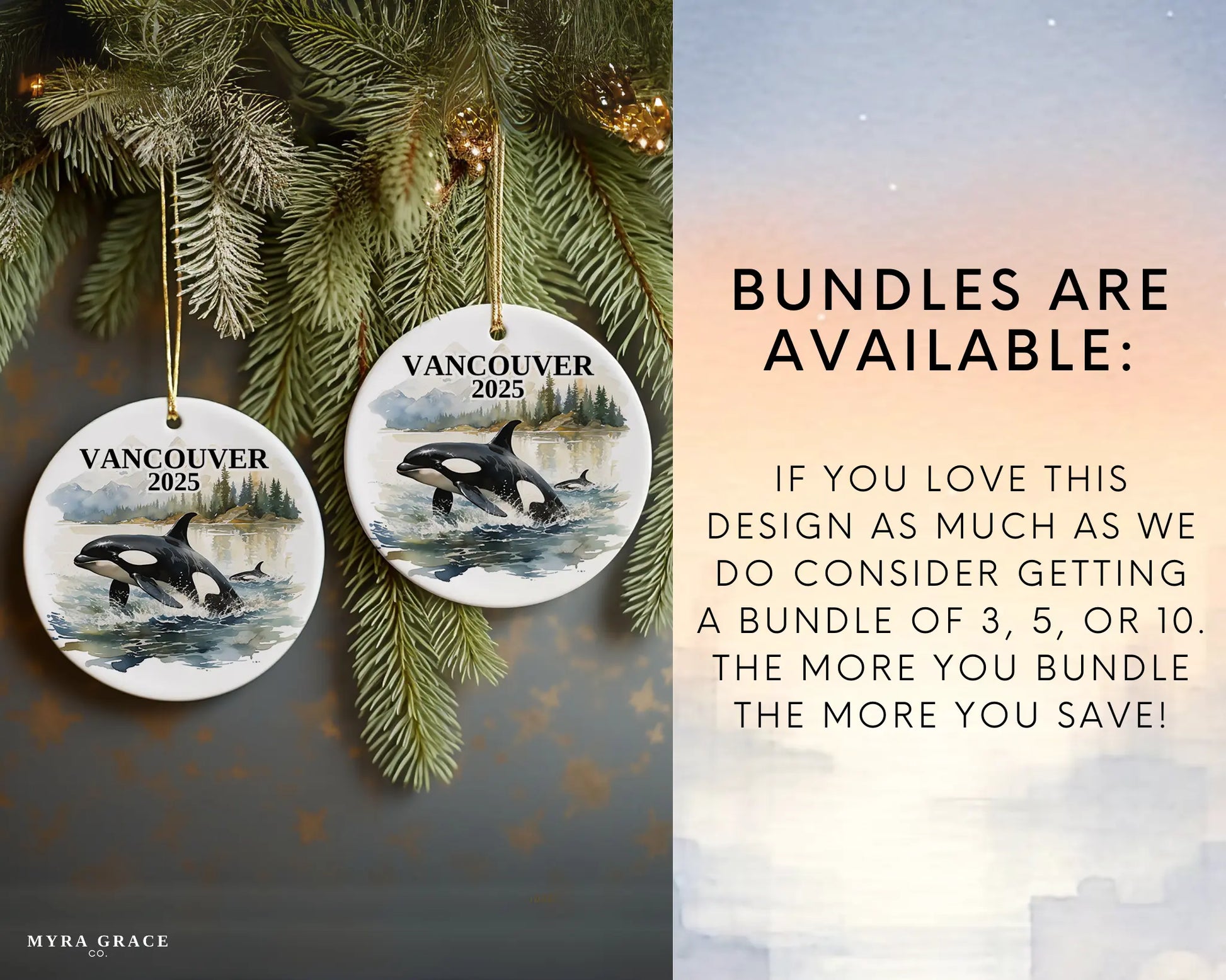 Custom Vancouver Canada Orca ceramic photo ornament with personalized message – handmade Christmas bauble, gift souvenir, or vacation keepsake. Bundles are available