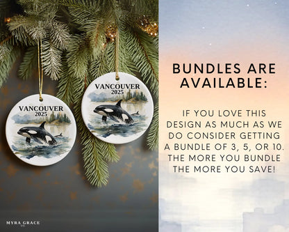 Custom Vancouver Canada Orca ceramic photo ornament with personalized message – handmade Christmas bauble, gift souvenir, or vacation keepsake. Bundles are available