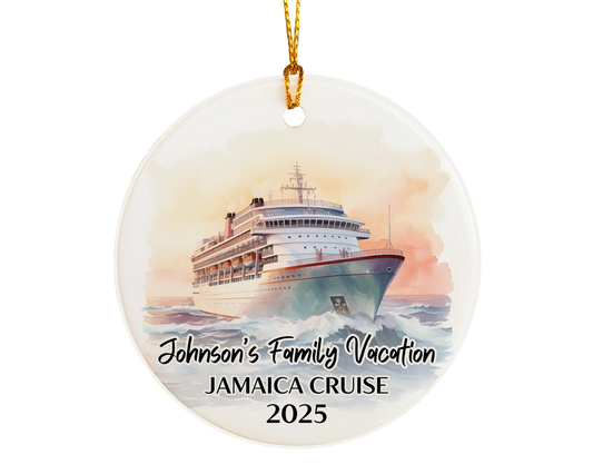 Handmade ceramic Jamaica cruise ornament with personalized location and photo – custom Christmas bauble or cruise vacation souvenir.