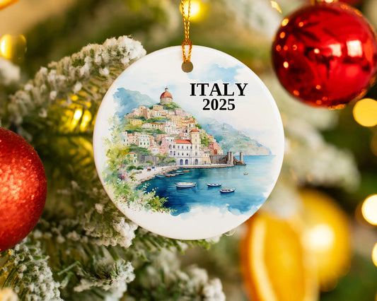 Custom Amalfi Coast Italy ceramic photo ornament with personalized message – handmade Christmas bauble, gift souvenir, or vacation keepsake.  
