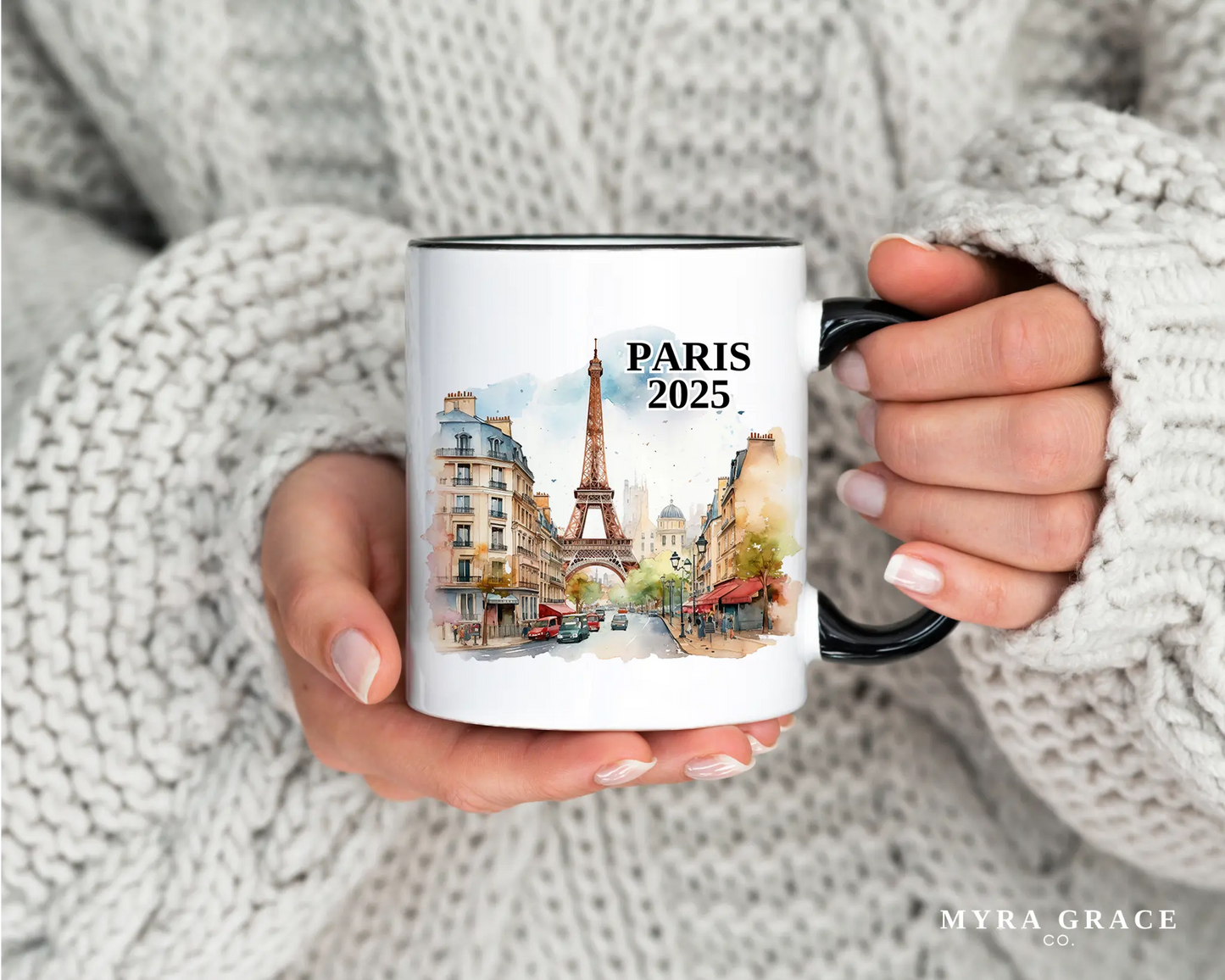 Custom ceramic Paris France vacation mug with watercolor location design, date, and personal photo – personalized travel gift or photo mug. 
