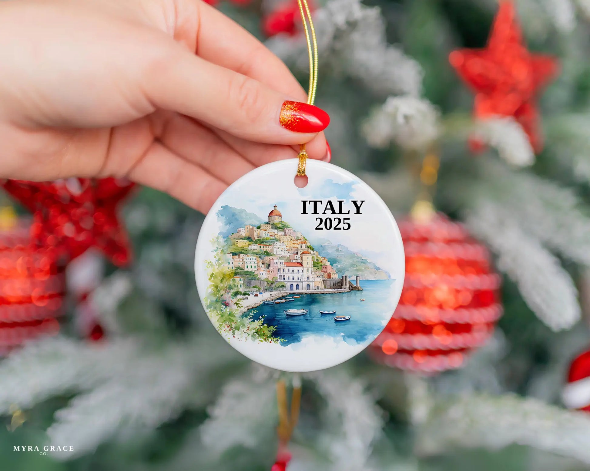 Custom Amalfi Coast Italy ceramic photo ornament with personalized message – handmade Christmas bauble, gift souvenir, or vacation keepsake.  