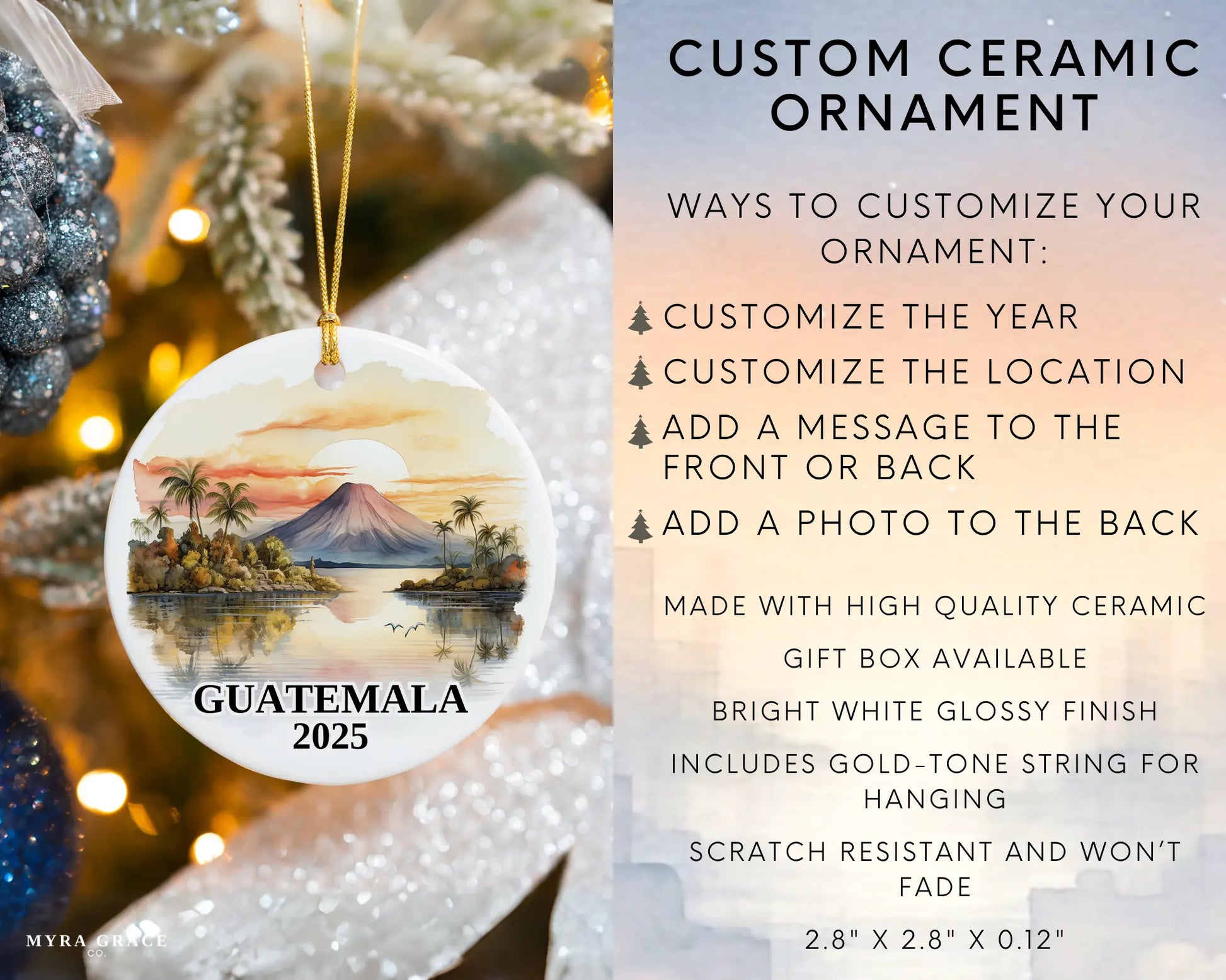 Custom Guatemala ceramic photo ornament with personalized message – handmade Christmas bauble, gift souvenir, or vacation keepsake. Infographic
