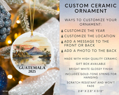 Custom Guatemala ceramic photo ornament with personalized message – handmade Christmas bauble, gift souvenir, or vacation keepsake. Infographic