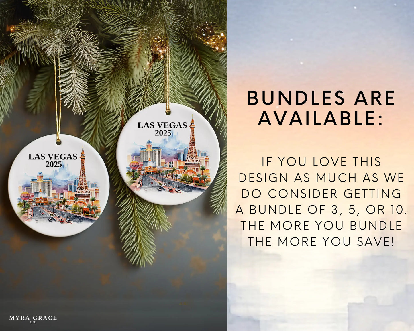 Custom Las Vegas Nevada ceramic photo ornament with personalized message – handmade Christmas bauble, gift souvenir, or vacation keepsake.  bundles are available