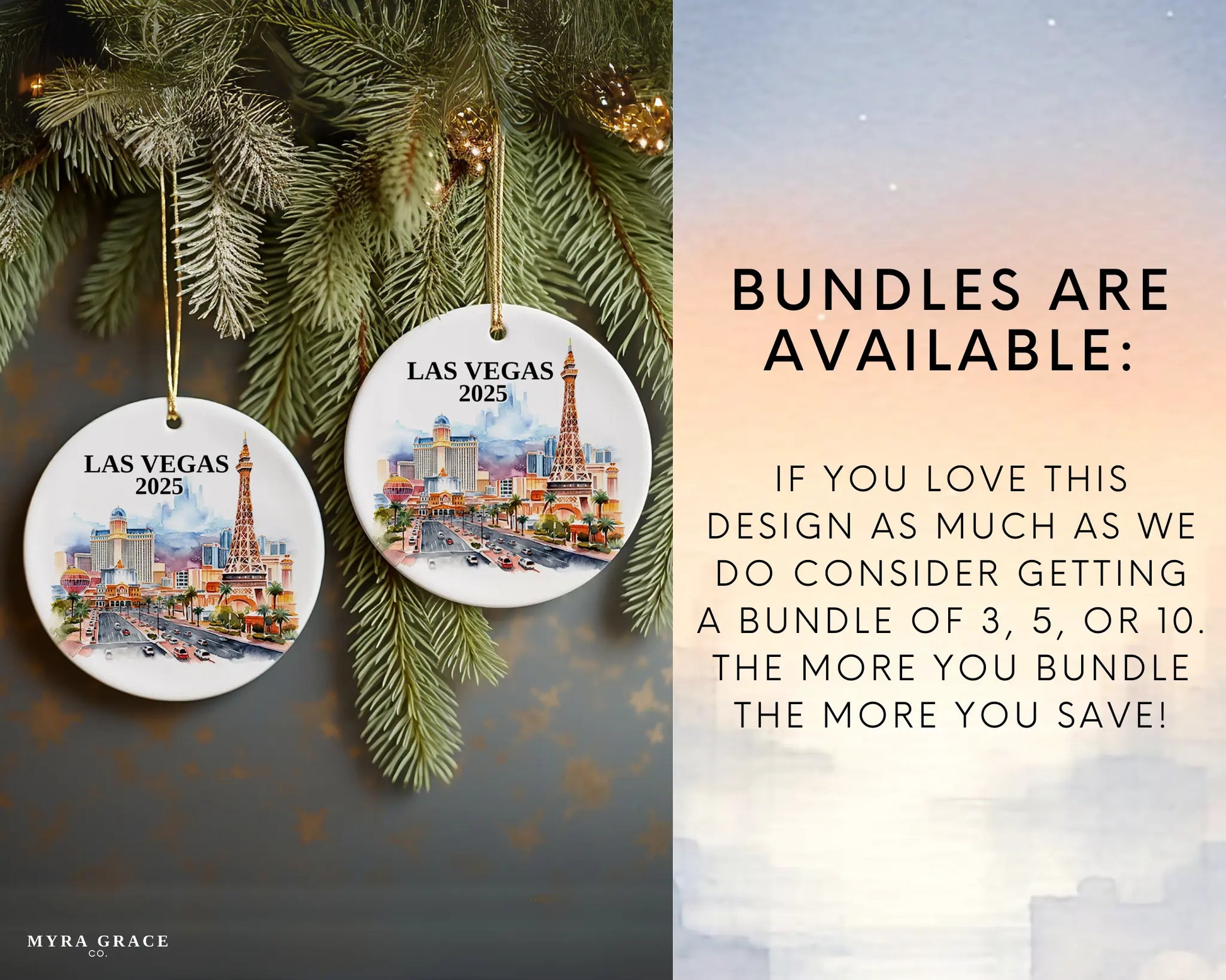 Custom Las Vegas Nevada ceramic photo ornament with personalized message – handmade Christmas bauble, gift souvenir, or vacation keepsake.  bundles are available