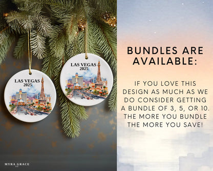 Custom Las Vegas Nevada ceramic photo ornament with personalized message – handmade Christmas bauble, gift souvenir, or vacation keepsake.  bundles are available