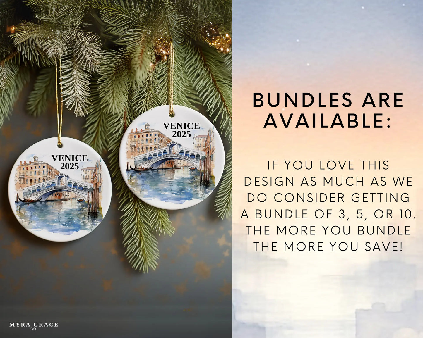 Custom Venice Italy ceramic photo ornament with personalized message – handmade Christmas bauble, gift souvenir, or vacation keepsake. Bundles are available