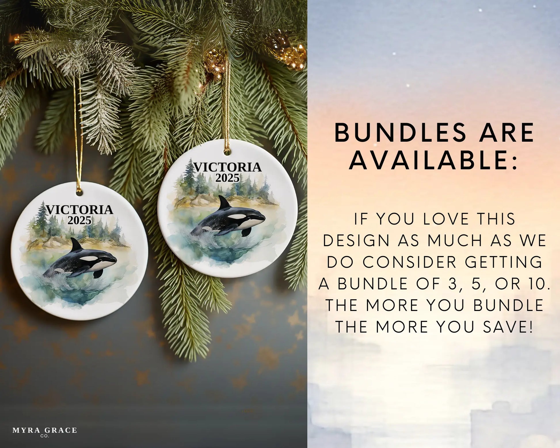 Custom Victoria Canada ceramic photo ornament with personalized message – handmade Christmas bauble, gift souvenir, or vacation keepsake. Bundles are available