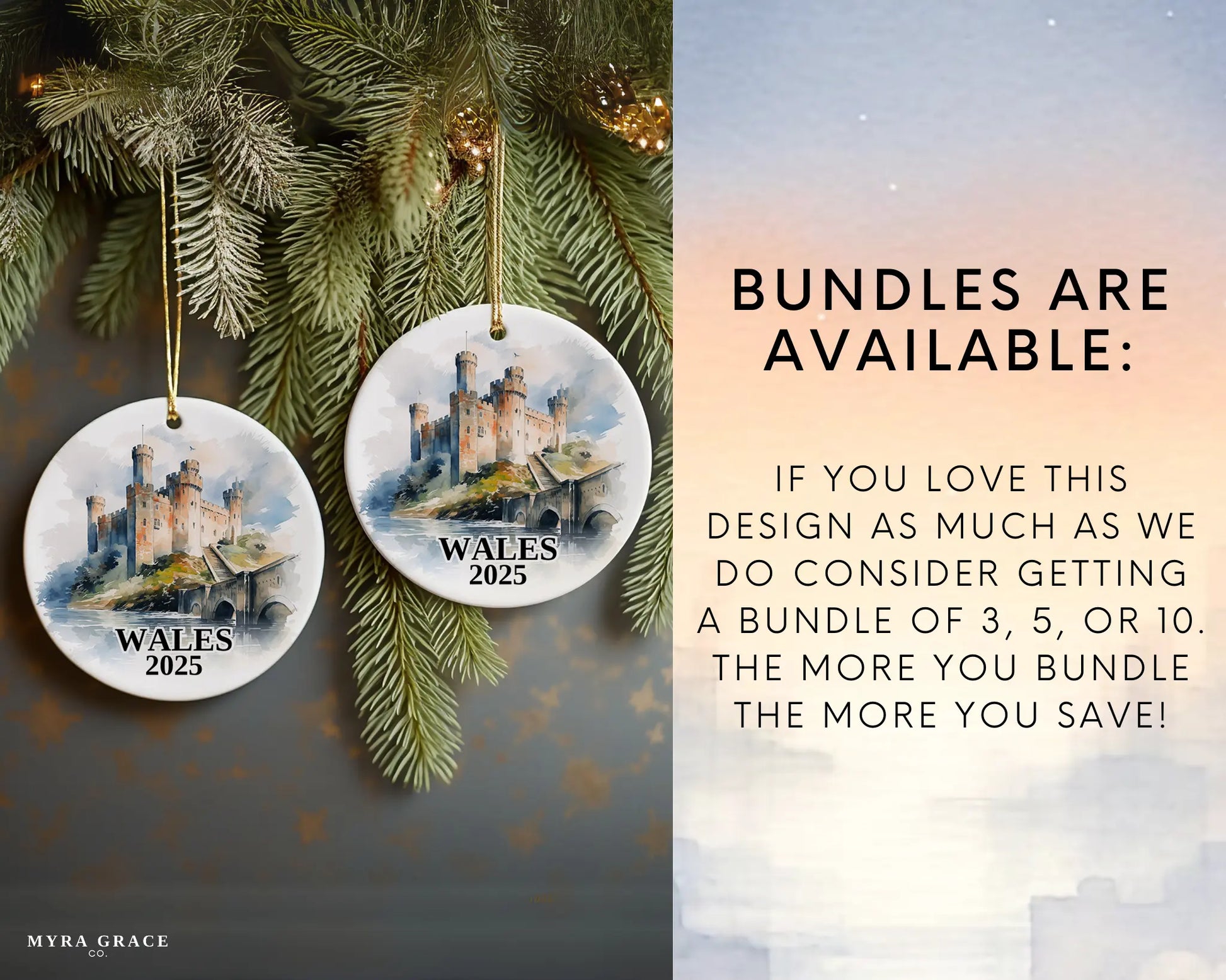Custom Wales Cymru ceramic photo ornament with personalized message – handmade Christmas bauble, gift souvenir, or vacation keepsake. Bundles are availble
