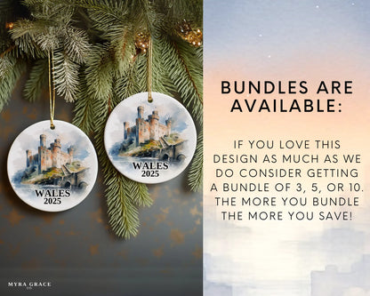 Custom Wales Cymru ceramic photo ornament with personalized message – handmade Christmas bauble, gift souvenir, or vacation keepsake. Bundles are availble