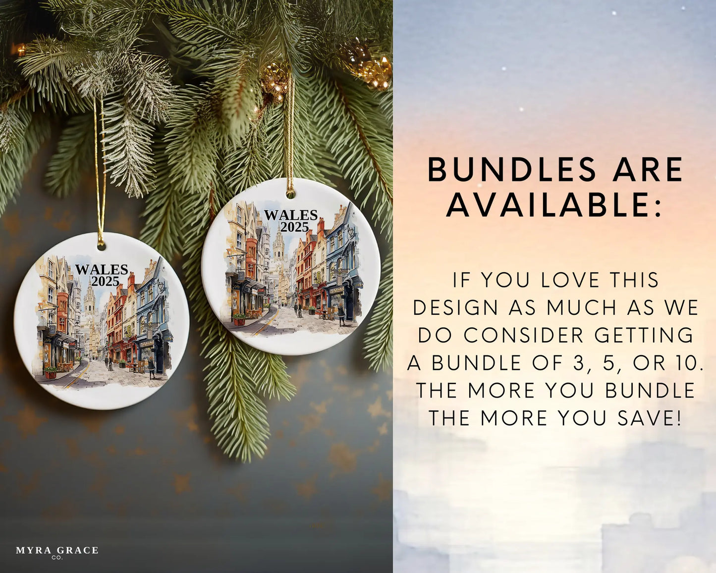 Custom Wales ceramic photo ornament with personalized message – handmade Christmas bauble, gift souvenir, or vacation keepsake. Bundle are available