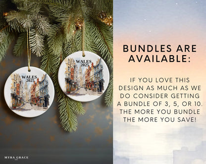 Custom Wales ceramic photo ornament with personalized message – handmade Christmas bauble, gift souvenir, or vacation keepsake. Bundle are available