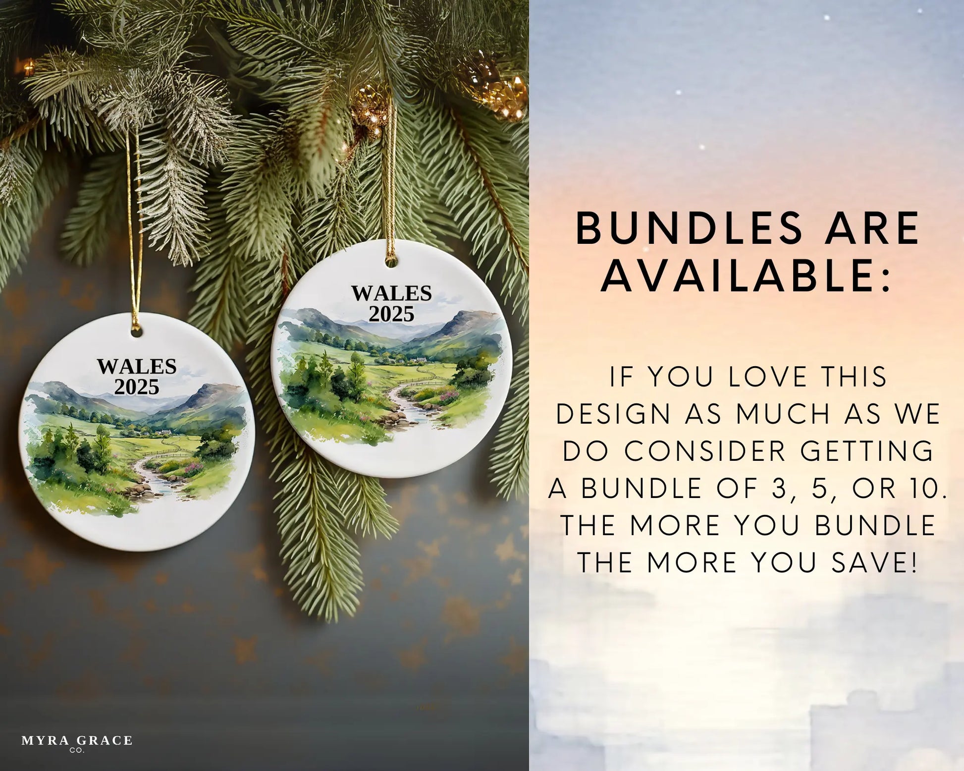 Custom Wales Cymru ceramic photo ornament with personalized message – handmade Christmas bauble, gift souvenir, or vacation keepsake. Bundles are available